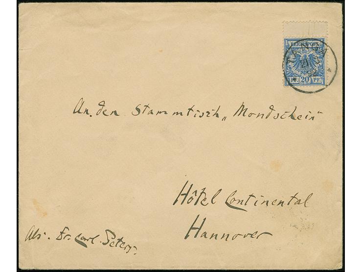 20 Pfg. ultramarin mit zentrischem Stempel "TANGA 21/3 92" auf Briefkuvert mit vorderseitigen Absendervermerk "Dr. Carl Peter