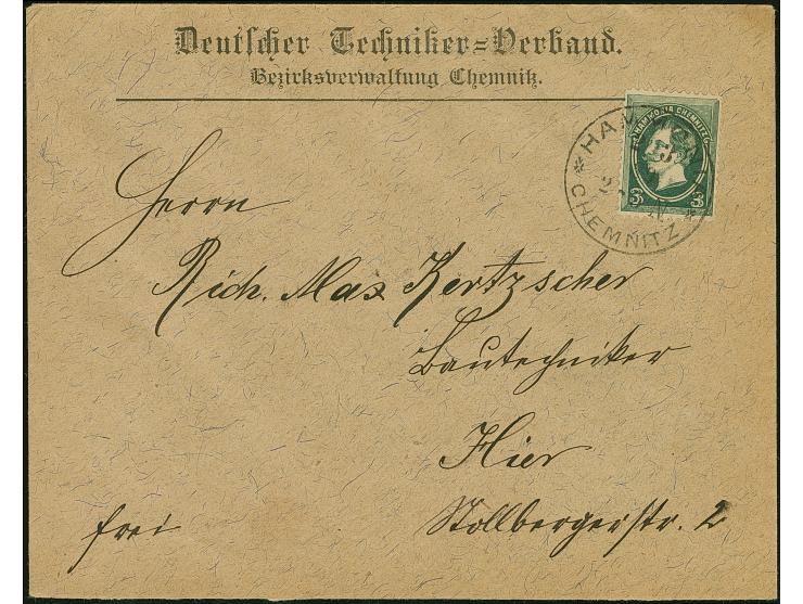Chemnitz-Hammonia: 1889, Kaiser Wilhelm II. 3 Pfg. schwarzgrün mit Stempel “HAMMONIA CHEMNITZ 2.3.89” auf Vordruckbrief "Deut