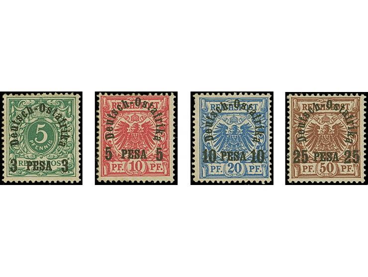 "Deutsch Ostafrika", Bogenförmiger schwarzer Probeaufdruck auf 3 P. – 25 P., ungummiert. 2 Werte je ein kurzer Zahn.&nbsp;