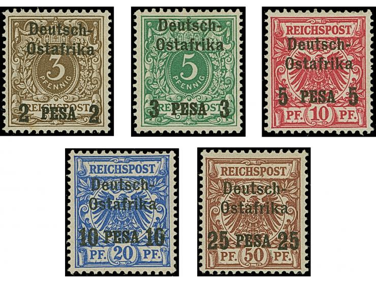 "Deutsch-Ostafrika", 2-zeiliger schwarzer Probeaufdruck auf 2 P. – 25 P., ungummiert&nbsp;