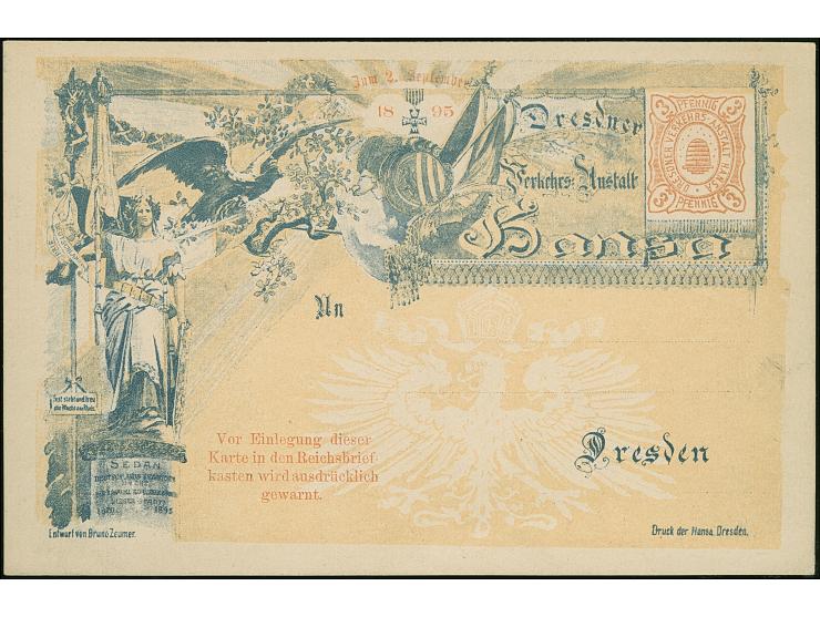 Dresden-Hansa: 1889/98, Sonder-Ganzsachenkarten, fünf verschiedene mit u.a. “Besuch des Kaisers Wilhelm II. in Dresden” 3 Pfg