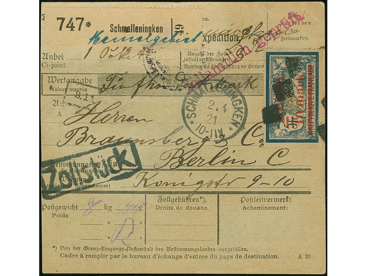 1920, 10 mark auf 5 Franc, sauber mit Korkstempel und nebengesetztem Aufgabestempel “SCHMALLENINGKEN 2.4. 21” auf Paketkarte 