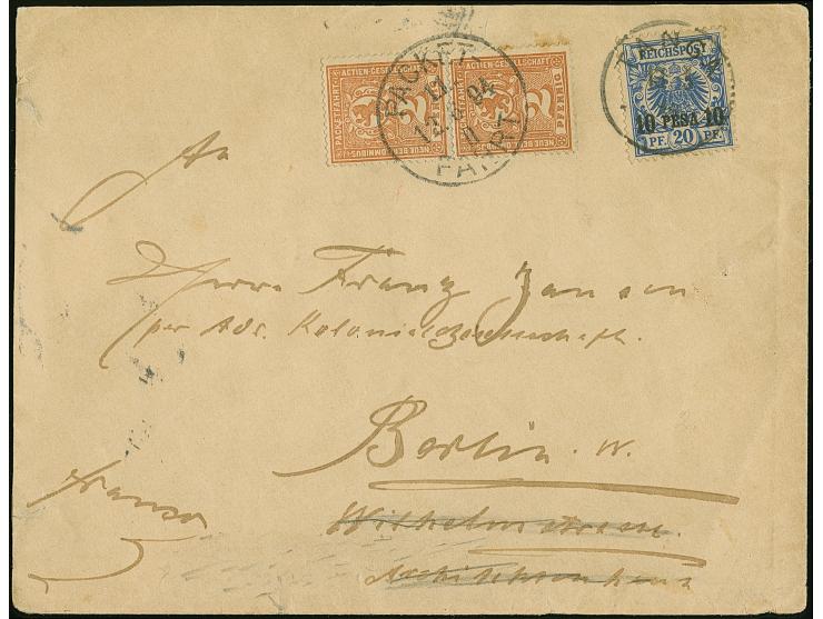 10 P. mit Stempel "TANGA 13/5 94" nach Berlin, hier innerorts nachgesandt, neu frankiert mit Berliner Paketfahrt 1894/95, 2 P