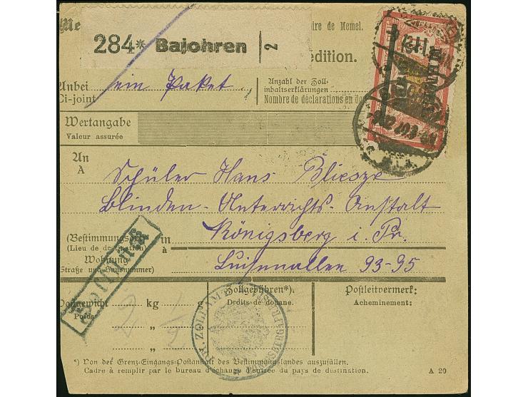 1920, 2 mark auf 1 Franc auf GC-Papier, sauber mit Stempel “BAJOHREN 9.12.20” auf Paketkarte nach Königsberg, die Marke etwas