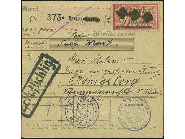 1920, 2 mark auf 1 Franc auf GC-Papier, sauber mit Korkstempel auf Paketkarte von Russ nach Königsberg, die Marke etwas besto