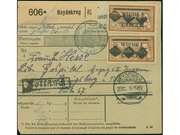 1920, 1 mark auf 50 Centimes, weißes Papier, zwei Einzelwerte, sauber mit Korkstempel und nebengesetztem Aufgabestempel “HEYD