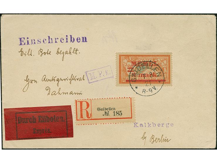 1920, 3 mark auf 2 franc rötlichorange/hellgrünlichblau auf GC-Papier, farbfrisch und gut gezähnt, sauber mit klarem EKr. “GA