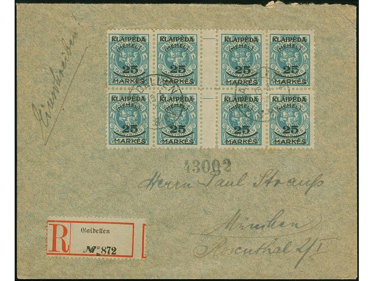 1923, Sichelaufdruck 25 Markes auf 5 Centai, 8er-Block mit zwei Zwischenstegpaaren, farbfrisch und ausgabetypisch gezähnt, sa