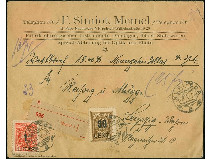 1923, Angliederung des Memelllandes an Litauen 50 Cent auf 300 Mark sowie 1 Litas auf 2000 Mark, sauber mit Stempel “KLAIPEDA