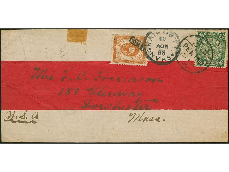 1898, Coiling Dragon 10 c. green, neatly tied by bilingual cds “PEKING 23 NOV 99” with additional Japanese 10 s. brown with “