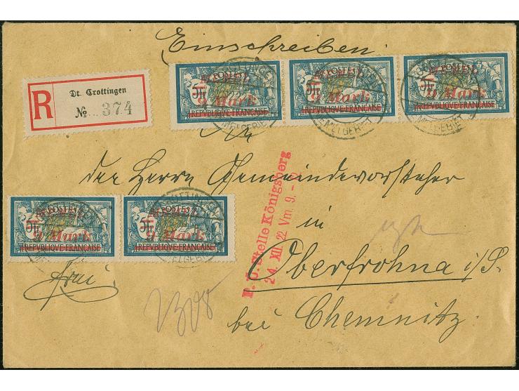 1922, 9 Mark auf 5 Franc, waagerechter Dreierstreifen und Paar, farbfrisch und gut gezähnt, sauber mit Stempel “CROTTINGEN 22