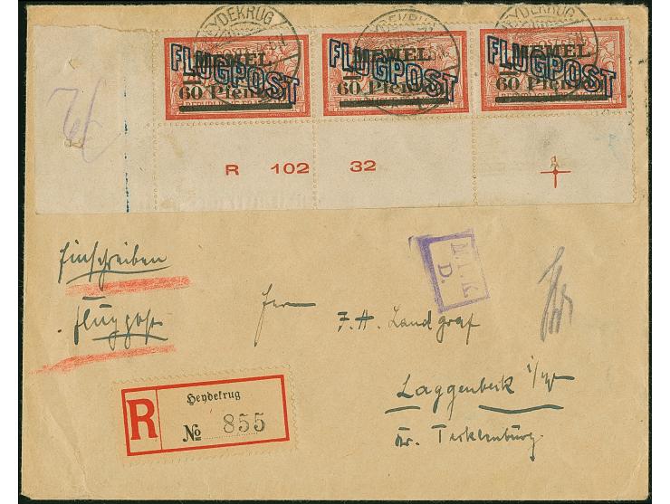 1921, 60 Pfennig auf 40 Centimes, waagerechter Dreierstreifen aus der linken unteren Bogenecke mit Druckdatum “R 102 32” sowi