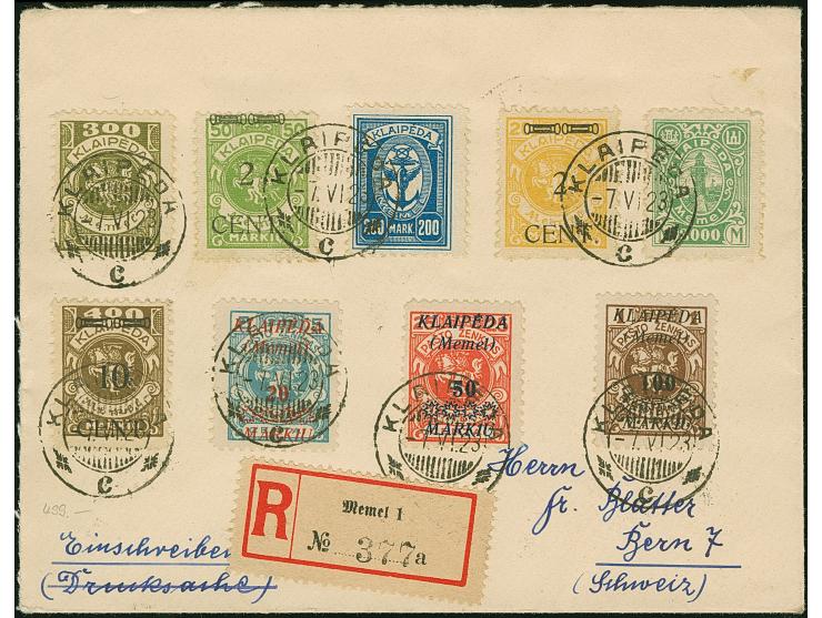 1923, Wappenreiter 300 Mark und Hafenjubiläum 200 und 3000 Mark, mit Mark und Centu-Zufrankatur mit Stempel “KLAIPEDA 7.VI.23