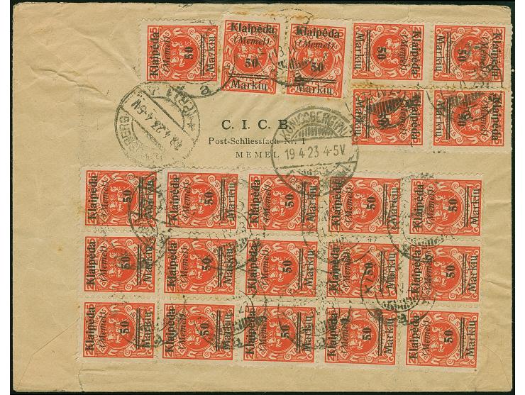 1923, Strichausgabe 50 Mark, 22 Werte meist in Einheiten rückseitig mit Stempel "KLAIPEDA 18.IV.23" auf Eil-Brief nach Königs