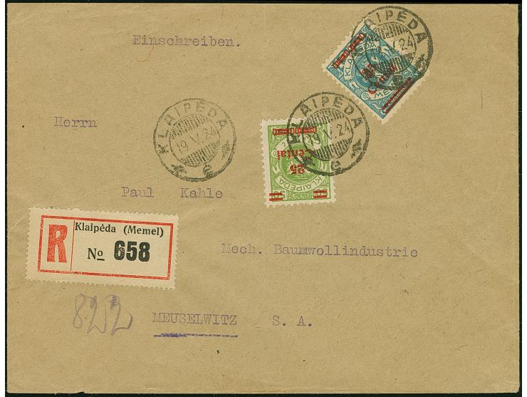 1923, 24-Werte 25 Centu auf 1000 Mark grünlichblau mit Zufrankatur auf portogerechtem R-Brief nach Meuselwitz, 25C. mit zwei 