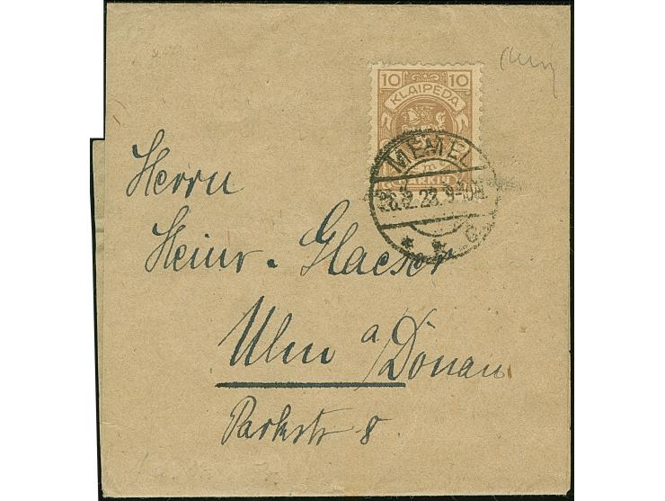 1923, Wappenreiter 10 Mark, sauber mit Stempel "MEMEL 28.2.23" auf portogerechter Drucksachenschleife nach Ulm, eine der groß