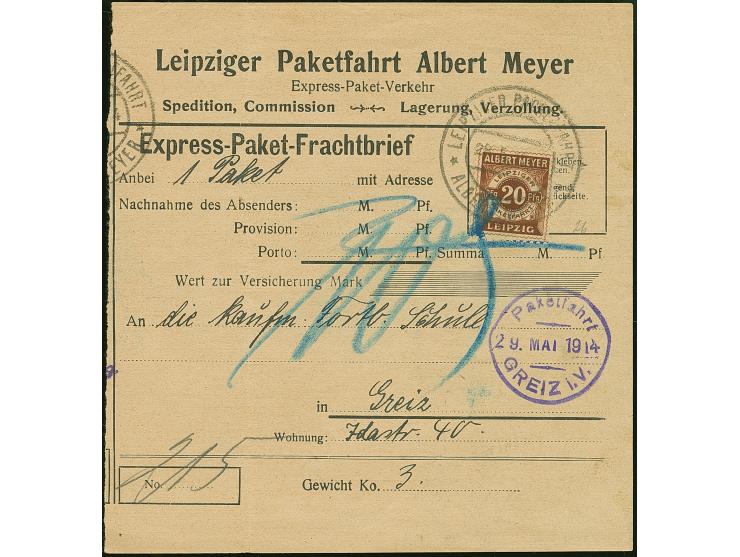 Leipzig-Leipziger Paketfahrt Albert Meyer: 1913, 20 Pfg. braun mit Stempel “LEIPZIGER PAKETFAHRT ALBERT MEYER 28.MAI.1914” au