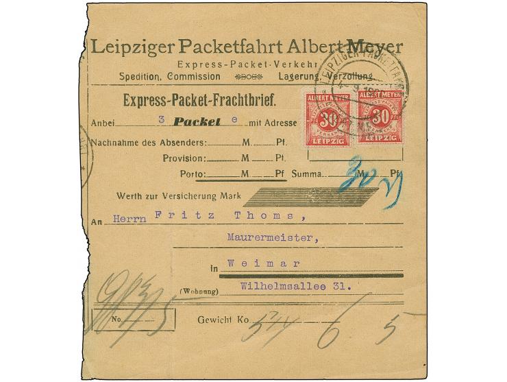 Leipzig-Leipziger Paketfahrt Albert Meyer: 1899, 30 Pfg. rot, zwei Einzelmarken mit Stempel “LEIPZIGER PAKETFAHRT ALBERT MEYE