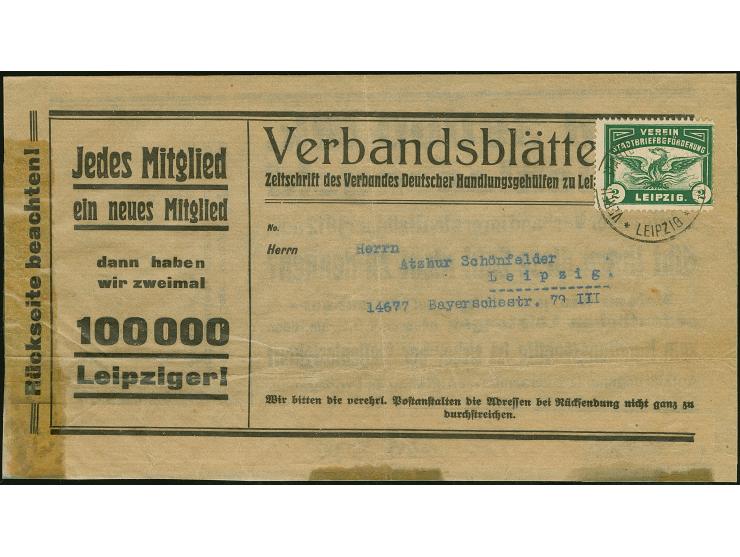 Leipzig-Leipziger Verkehrsanstalt: 1908/09, 2 Pfg. dunkelgrün mit Stempel “VEREIN STADTBRIEFBEFÖRDERUNG LEIPZIG” auf kpl. Str