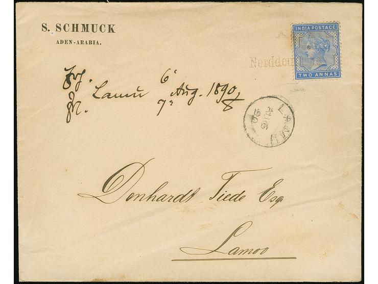 EINGEHENDE POST: 1890, Briefkuvert mit gedrucktem Absender "S.SCHMUCK/ ADEN-ARABIA", frankiert mit britisch Indien 2 a. blau,