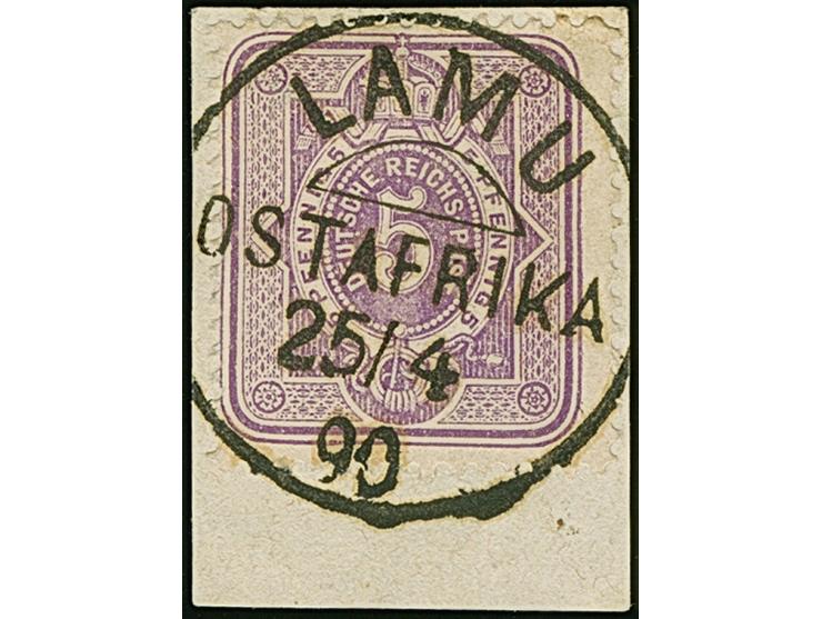 5 Pfennig violettpurpur mit zentrischem Stempel "LAMU 25/4 90" auf Briefstück
