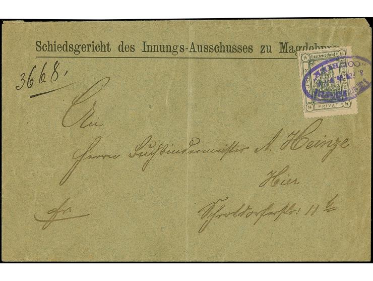 Magdeburg-Courier: 1887, Magdeburger Dom 14 Pfg. mit violettem Ovalstempel “Stadtbriefbeförderung COURIER 3.FEB.96” auf R-Ort