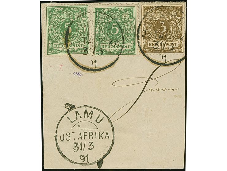 Krone/Adler 3 Pfg. und 2 Stück 5 Pfg. mit Letzttagsstempel "LAMU 6/1 91" auf Briefstück. 3Pfg. mit waagerechtem Bug aufgekleb