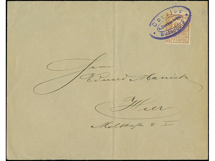 Magdeburg-Courier: 1895. 2½ Pfg. braun mit violettem Ovalstempel “Courier Sudenburg 1.Januar 1898” auf Ortsbrief. Der Umschla