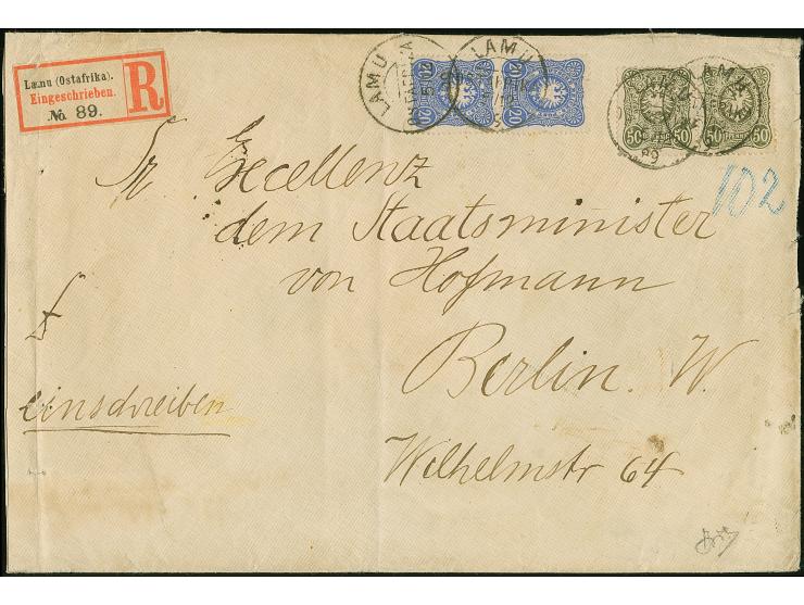 50 Pfg. oliv im waagerechten Paar und 20 Pfg. dunkelultramarin im senkrechten Paar, mit einzeln sauber aufgesetztem "LAMU 26/