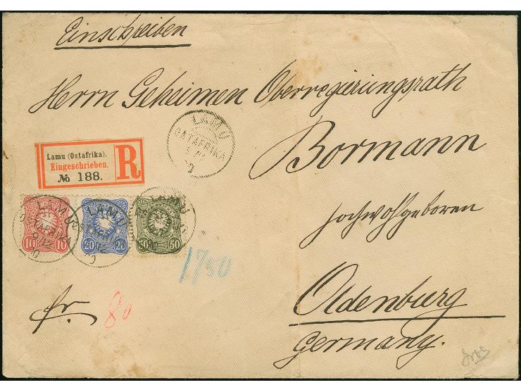 50 Pfg. oliv, 10 Pfg. dunkelrosarot und 20 Pfg. dunkelultramarin, alle farbfrisch und einzeln entwertet "LAMU 9/12 90" auf Le