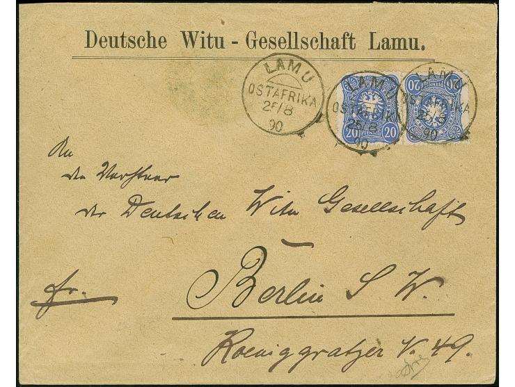 20 Pfg. dunkelultramarin, 2 Einzelwerte, einzeln entwertet "LAMU 25/8 90" auf Brief der 2.Gewichtsstufe an die Witu-Gesellsch