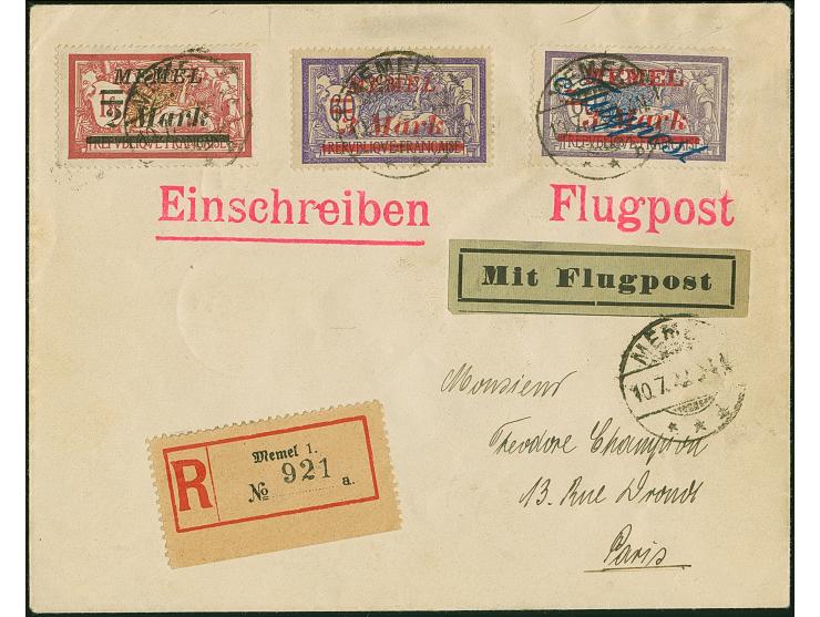 1922, Flugpost 3 M. auf 60 Centime mit Zufrankatur mit Stempel “MEMEL 10.7.22” auf portogerechtem Luftpost-R-Brief nach Paris