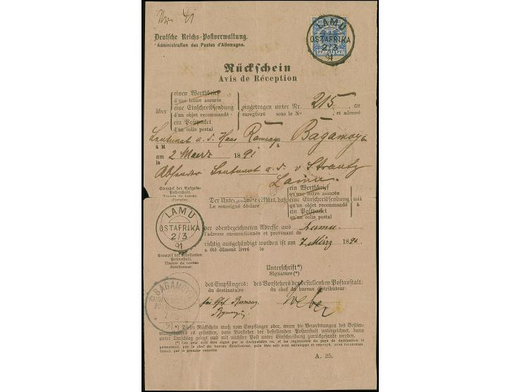 20 Pfg. dunkelultramarin mit zentrisch klarem Stempel "LAMU 2/3 91" auf Rückschein für ein Einschreiben nach Bagamoyo mit Ein