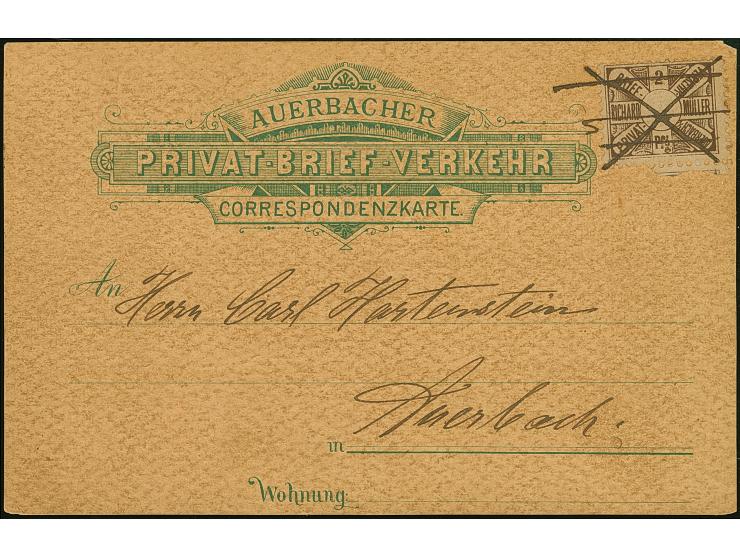Auerbach-Express-Paketverkehr und Privat-Verkehr: 1887, 2 Pfg. graulila mit Federstrich-Entwertung auf Postkarten-Vordruckkar