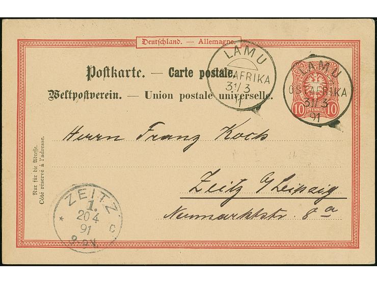 Pfennig-Ausgabe, Karte 10 Pfg. mit Letzttags-Stempel "LAMU 31/3 91" mit Text von Gustav Denhardt "Lieber Franz! Mit heutigem 