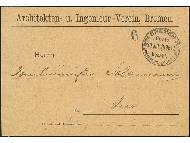 Privat-Beförderungs-Amstalt: 1896, “BREMEN PRIVAT BRIEFBEFÖRDERUNGS ANSTALT Porto bezahlt 30.JUL.1896 IV” in Schwarz sehr kla