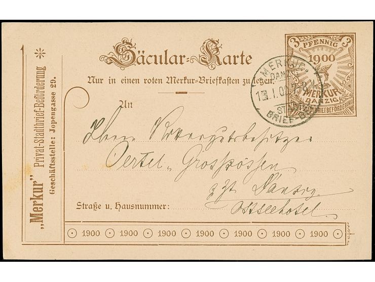Courier/Merkur: 1900, Säcular Ganzsachenkarte 3 Pfg. in allen drei verschiedenen Farben, zweimal ungebraucht und einmal mit S
