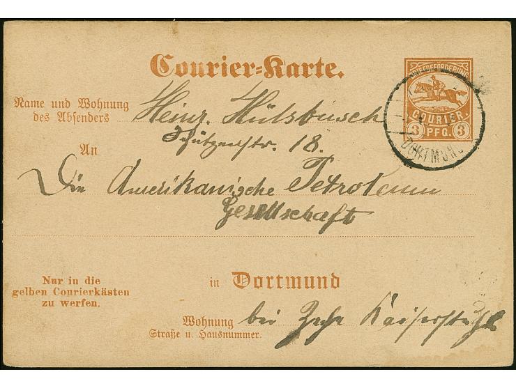 Courier: 1895, Ganzsachenkarte 3 Pfg. braunorange mit Stempel “COURIER DORTMUND 8.JAN.97” und Text im Ortsverkehr, in guter E