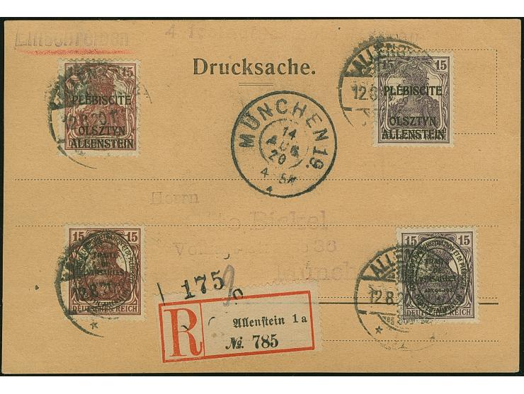 1920, Aufdruckausgabe im Hochoval 15 Pfennig karminbraun mit Zufrankatur mit Stempel “ALLENSTEIN 12.8.20” auf eingeschriebene