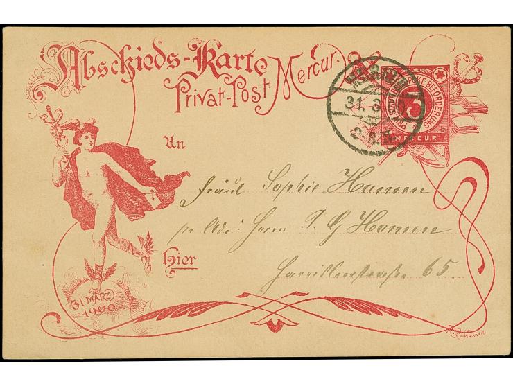 Merkur: 1900, Ganzsachenkarte Abschied 3 Pfg. karminrot mit Stempel “MERKUR. 31.3.00” mit viel Text im Ortsverkehr befördert,