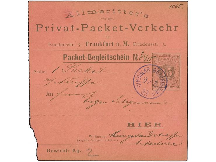 Drucksachen &amp; Circular-Beförderung: 1889, Ganzsachen-Packet-Belgeitschein 15 Pfg. auf graurotem Karton gebraucht mit viol
