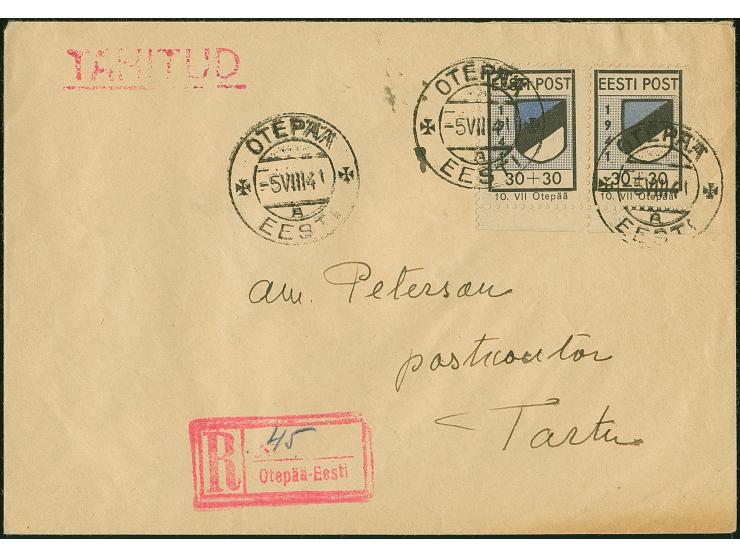 1941, Wappenschild 30 Kopeken, gezähnt, Type I, waagerechtes Unterrandpaar, sauber mit auf- und nebengesetztem Stempel “OTEPÄ