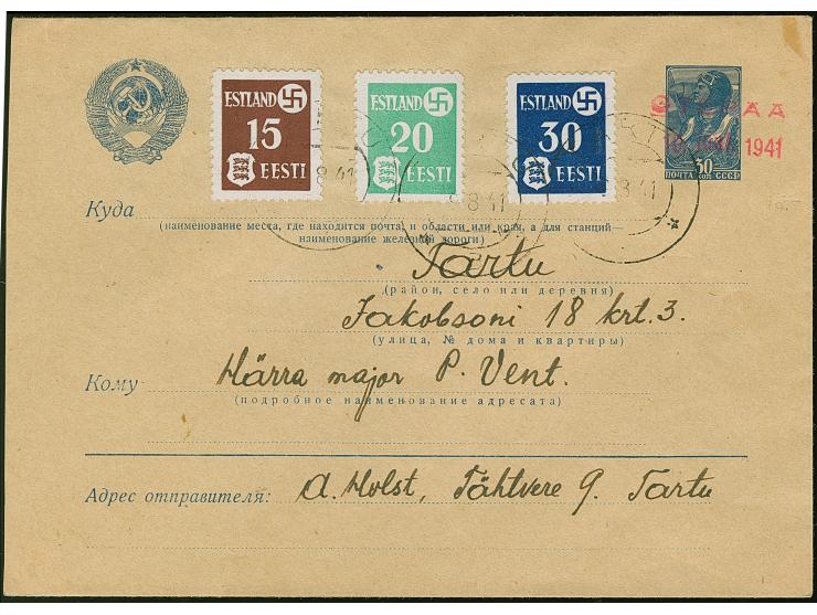 Ganzsachenumschlag Arbeiter 30 K. mit rotem Handstempelaufdruck "OTEPÄÄ 10. juul. 1941", nebengeklebt, Landespost 15-30 Kopek