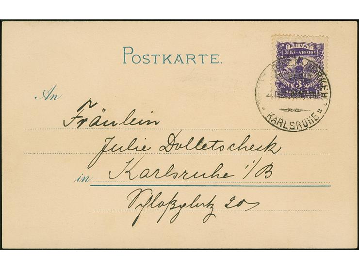 Privat-Brief-Verkehr (Schmidt/Farrenkopf &amp; Fritz): 1887, 3 Pfg. violett gez. 14½ mit Stempel “Privat-Brief-Verkehr KARLSR