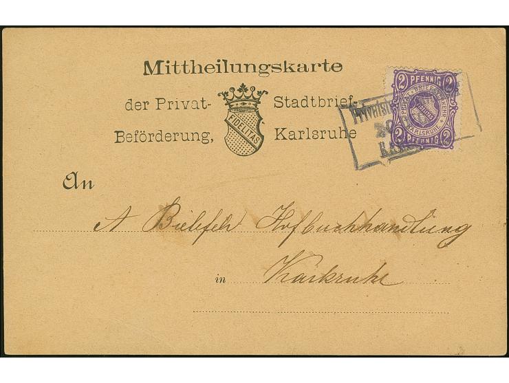 Privat-Brief-Verkehr (Anselm/Kraut): 1886, 2 Pfg. violett gez. 14½ mit Rahmenstempel “Privatstadtbriefverkehr KARLSRUHE 20.DE