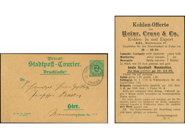 Courier: 1896, Ganzsachen-Karte “Drucksache!” 2 Pfg. mit zusätzlichem Aufdruck “Privat-” und rückseitiger Werbung der Firma H
