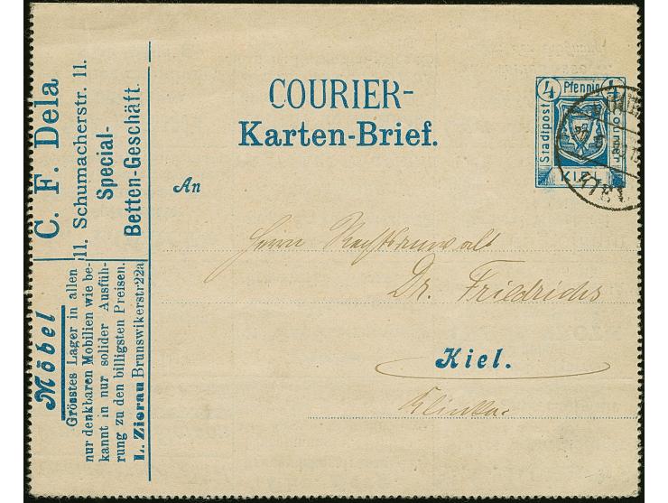 Courier: 1899, Ganzsachen-Anzeigenkartenbrief 4 Pfg. mit rückseitig 10 Anzeigen, gebraucht mit Stempel “COURIER KIEL 20.6.99”