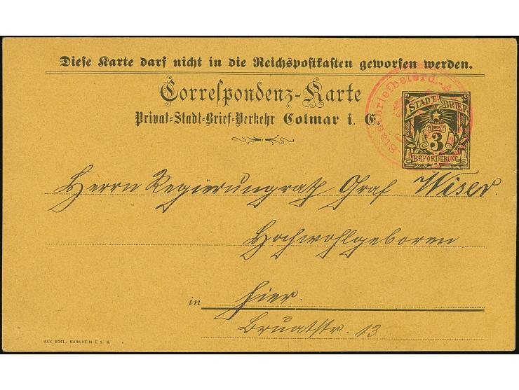 Stadt-Brief-Beförderung: 1896, Ganzsachenkarte 3 Pfg. auf gelbem Karton mit rotem Stempel “Stadtbriefbeförd.-Anstalt Colmar i