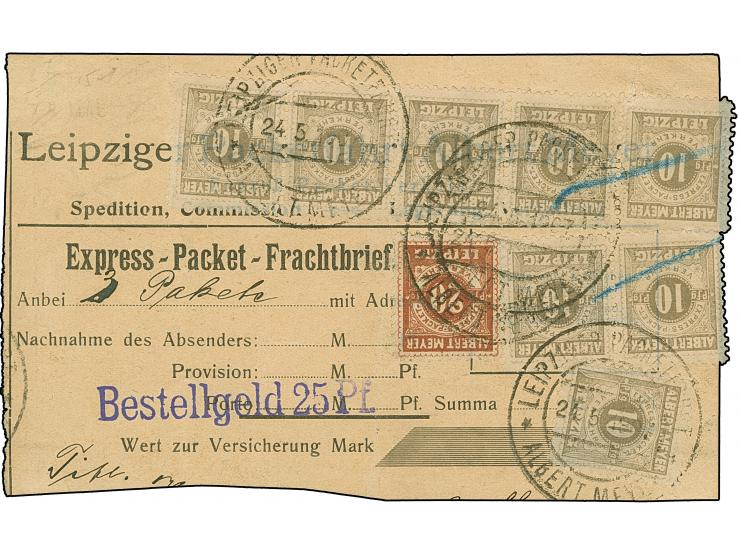 Leipziger Paketfahrt Albert Meyer: 1897. 10 Pfg. grau im waagerechten 5er-Streifen, Paar und Einzelmarke sowie 20 Pfg. braun 
