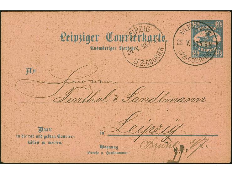 Courier: 1893, Ganzsachenkarte 3 Pfg. mit Stempel “EILENBURG LPZ.-COURIER 26.V.93” und viel Text nach Leipzig mit vorderseiti